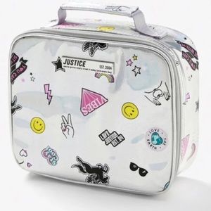 JUSTICE Lunch Tote Lunch Pail Thermal Lunch Holographic Print Zipper Bag NWT